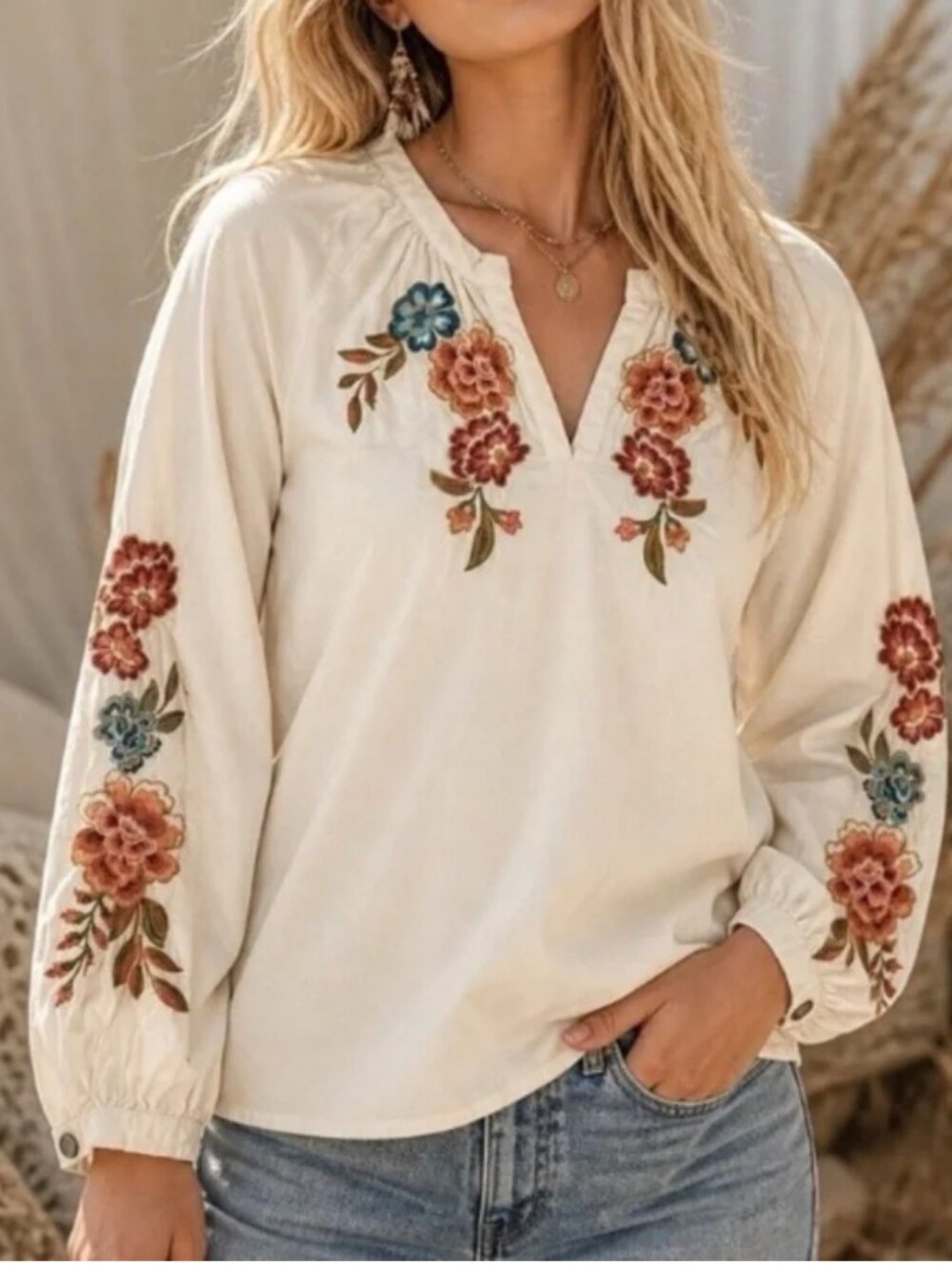 DRIFTWOOD Cream Boho Embroidered V-Neck Peasant Top Size XS